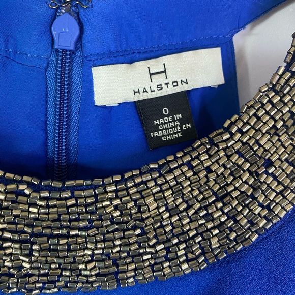 NWT HALSTON Royal Blue Beaded Collared Cold Shoulder Sleeve Draped Mini Dress - Picture 10 of 13